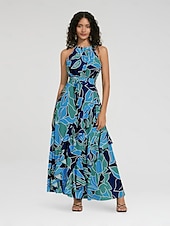 economico Abiti floreali-Per donna Vestito in Chiffon Abito maxi Blu Viola Senza Maniche Floreale Volant Stampa Primavera &amp; Estate Il giro Abito a Fantasia XS S M
