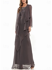 preiswerte Mit Jacke-A-Linie Kleid Kleid Sets Brautmutter Kleid Elegant Einfach Rundhalsausschnitt Bodenlang Chiffon Langärmel mit Perlen tierende Rüschen 2025