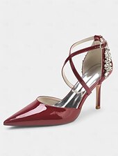 cheap Formal-Glamorous Burgundy Wedding Heels for Women - Patent Leather Stilettos with Rhinestone Floral Embellishments, Perfect for Bridal and Formal Occasions