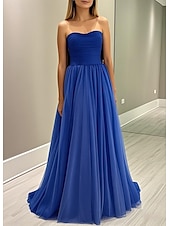 baratos Vestidos Baile Formatura-Linha A Vestidos de baile Elegante Vestido Formal Baile de Formatura Cauda Escova Sem Manga Sem Alças Cinto / Faixa Cetim com Laço(s) Pregas Franzido 2025
