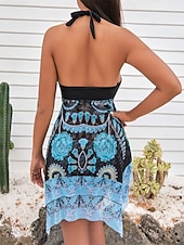 billiga Badessor-Kvinnors badkläder simklänningar 2-delad Cheeky Tankini baddräkt utan rygg hög midja smal semester strandkläder grafisk halter-hals ärmlösa baddräkter