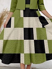 preiswerte Streifen- und geometrisches Kleid-Damen Zwei-Teiler Kleid Sets Midi Kleid mit Jacke Elegantes A-Linien Kleid Halbarm Druck Kleid Vintage Farbblock Geometrischer Druck 3/4 Länge Ärmeln Rundhals Alltag Grün Frühling Herbst Regelmäßige