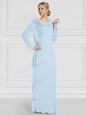 preiswerte Mit Jacke-Jackenkleid Brautmutter Langarm mit Spitzen-Rüschen Chiffon Elegant Vintage Rundhals Bodenlang Kleid Cascading Rüschen