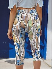 billiga Konst &amp; Design Tryck-Damleggings capribyxor hög elastisk mode streetwear full längd hög midja blommig tryck termisk varm andas mjuk utomhus daglig gul höst vinter vanlig passform
