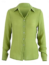 cheap Shirts-Women&#039;s Shirt Cotton Linen Shirts Button Up Blouse Solid Color Basic Casual Long Sleeve Shirt Collar Regular Tops Daily Buttons Yellow Green Summer Spring