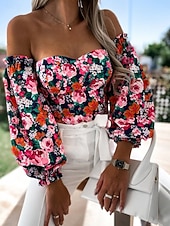 voordelige Bloemen Blouses-Dames Overhemd Blouse Afdrukken Blote rug Bloemig Stijlvol Casual Lange mouw Strapless Normale tops Dagelijks Zwart Wit Rood Paars Zomer Lente