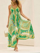 economico Abiti da vacanza-Per donna Vestito maxi Abito casual Vestito svasato Abito linea A Abito sottoveste Moda Informale Da mare Giornaliero Standard Motivo cashemire Color Block Senza maniche Con bretelline Rosso Verde