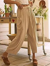 preiswerte Schlichte Hose aus Baumwollleinen-Damen Shorts aus Baumwollleinen Leinen-inspirierte Hosen Hose aus Baumwollleinen Mode Streetwear Knöchellang Mittlere Taillenlinie Einfach Tasche Elastischer Bund Bequem Weich Mikroelastisch Outdoor