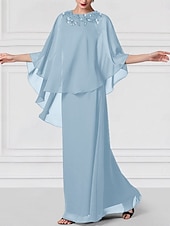 economico Lunghezza del pavimento-Abito per la madre della sposa blu a colonna matrimonio elegante lungo fino al pavimento in chiffon pizzo maniche corte wrap incluso con pizzo di colore solido