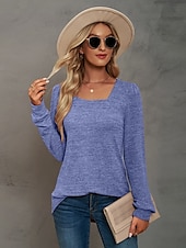 abordables Tops Sencillos para Mujeres-Mujer Sayo Remera de algodón Plano Bohemia Elegante Básico Manga Larga Manga Farol Escote Cuadrado Tops regulares Diario Deportes Noche Negro Rosa Morado Verde Trébol Caqui Primavera Otoño