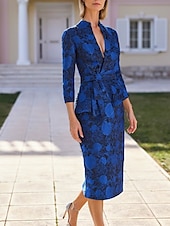 voordelige Thee Lengte-Bloem Sheath  Kolom Moeder van de Bruid Jurk Formeel Elegant Hoog Laag Hemd Kraag Thee Lengte Polyester 3/4 Lengte Mouw met Tailleband  Ribben Derby Jurk Race Dag Jurk Bruiloft Gast Jurk 2025