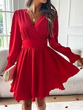 cheap Cocktail Dress-Women&#039;s Mini Dress Casual Dress A Line Dress Stylish Casual Vacation Daily Regular Fit Plain Long Sleeve V Neck Black Red Summer Spring