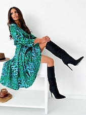 preiswerte Ausgefallene Kleider-Damen Midikleid Casual kleid Schaukelkleid A Linie Kleid Boho-Kleid Brautkleider schlicht Täglich Regular Fit Blumen Langarm V Ausschnitt Schwarz Gelb Rote Purpur Frühling Herbst