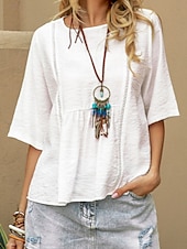 cheap Shirts-Women&#039;s Shirt Blouse Cotton Linen Shirts Solid Color Basic Casual 3/4 Length Sleeve Crew Neck Regular Tops Daily White Summer Spring