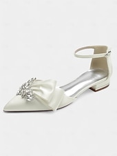 preiswerte Halbformell-weiße Satin-Pumps mit spitzer Spitze, Strass-Schleife und Fesselriemchen – perfekte Brautschuhe für Hochzeiten