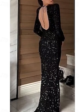 preiswerte SCHWARZ-Sheath  Column Abendkleid Partykleid Abendparty Party-Bekleidung Bodenlang Langarm Rundhalsausschnitt Spandex Rückenfrei mit Glitzer Paillettenstickerei