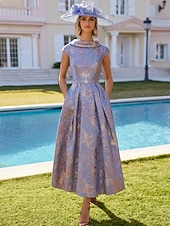 preiswerte Teelänge-Blumenlila A-Linie Kleid Brautmutter Kleid Elegantes Vintage V-Ausschnitt Knöchellang Polyester Kurzarm mit Stickerei Jacquard Derbykleid Rennsportskleid Hochzeitsgastkleid 2025