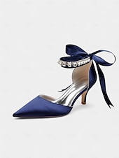 cheap Semi-Formal-Blue Satin Pointed-Kitten Heels with Rhinestone Ankle Strap and Bow Tie - Elegant Wedding or Evening Shoes