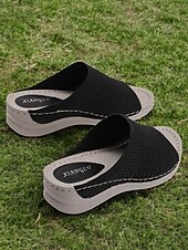 baratos Sandálias Confortáveis-sandálias femininas slip-on com cabedal em malha trançada, design aberto e sola acolchoada para uso casual no verão e conforto diário