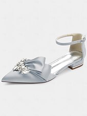 preiswerte Halbformell-weiße Satin-Pumps mit spitzer Spitze, Strass-Schleife und Fesselriemchen – perfekte Brautschuhe für Hochzeiten