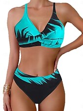 billiga Bikiniset-Dam Badkläder Bikini 2 st Kaxig Baddräkt Öppen rygg Smal Semester Standkläder Grafisk V-hals Ärmlös Baddräkter