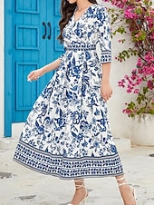 levne Elegantní květinové šaty-Dámské Midi šaty Áčkové šaty Letní šaty Boho šaty Elegantní stylové Geleneksel Dovolená Denní Rande Běžný Květinový 3/4 délka rukávu Do V Vodní modrá Léto