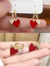 cheap Women&#039;s Earring-Red and Gold Heart Drop Earrings with Rhinestone Detailing – Romantic Jewelry for Women, Perfect for Valentine&#039;s Day or Date Nights