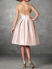 ieftine Rochii lungi și rochii de seară-Linia -A Lungime Genunchi Rochii de bal Elegant 1950 Manșon Jumate Bijuterie Invitat la nunta Kentucky Derby Buzunar Satin cu Buton Buzunar