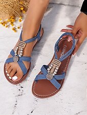 cheap Women&#039;s Sandals-Women&#039;s Black Bohemian Sandals with Beaded Embellishments, Cross Straps and Flat Sole for Summer Beachwear and Casual Outings