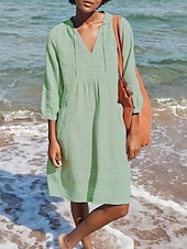 abordables concevoir des robes en coton et lin-Femmes Robe Midi Robes en coton et lin Robe Décontractée Basique Occasionnel Vacances Quotidien Coupe régulière Uni Manche 3/4 Col en V Noir Blanche Vert Claire Bleu clair Été