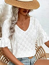 cheap Lace Tops-Women&#039;s White Elegant Lace Tops Eyelet Blouse Casual Plain Regular Tops Half Sleeve V Neck Eyelet Regular Fit Daily Weekend Romantic Petite Tops Summer Holiday Wear White Summer Spring