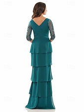 preiswerte Bodenlänge-A-Linie Kleid Brautmutterkleid Formell Elegant V Ausschnitt Bodenlang Chiffon Dreiviertelarm mit Stufen Kaskadierende Rüschen Einfarbig 2025