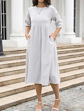 cheap White Casual Dresses-Women&#039;s Midi Dress Casual Dress A Line Dress Stylish Basic Casual Vacation Daily Regular Fit Plain 3/4 Length Sleeve Crew Neck White Green Summer Spring