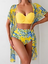 billiga Bikiniset i 3 delar-Dam Badkläder Bikini Tre delar Kaxig Baddräkt Öppen rygg Smal Hög midja Semester Standkläder Löv V-hals Ärmlös Baddräkter