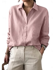 economico Camicie-Per donna Camicia Camicie di cotone e lino Abbottonare Blusa Tinta unica Elegante Casual Manica Lunga Colletto a Camicia Top Regolari Quotidiano Bottoni Bianco Rosa Estate Primavera