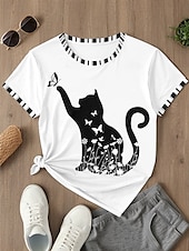 billiga Djur tee-Dam T-shirt Djur Katt Ledigt Kortärmad Rund hals Vanliga toppar Dagligen Mönster Svartvit Sommar Vår