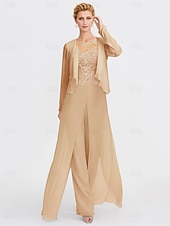 abordables Combinaisons pour maman-Ensemble jumpsuit  pantalon en deux pièces de mariage à la plage mère de la mariée invitée de mariage formelle élégante wrap inclus col bateau longueur sol chiffon manches 3/4 avec appliques 2025