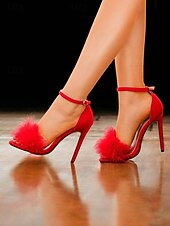 Women's Pink Suede Heels with Fluffy Straps and Pointed Toe | Perfect for Wedding, Parties and Night Out cheap Semi-Formal-Women's Pink Suede Heels with Fluffy Straps and Pointed Toe | Perfect for Wedding, Parties and Night Out