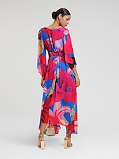 abordables Robes décontractées-Femmes Robe d&#039;invité de mariage Robe d&#039;Été Robe d&#039;été Robe Longue Maxi Robe Rose rouge manche longue Mode Fleurs Fleurs / Plantes Col en V Ourlet irrégulier Style Floral Printemps &amp; Été Col en V