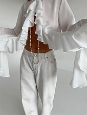 Недорогие Нарядные блузки-Жен. Рубашка Блуза Оборки Сплошной цвет Элегантный стиль Стиль На каждый день Длинный рукав Вырез под горло Обычные топы Повседневные Офис Праздники Черный Белый Весна Осень Зима