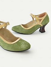 voordelige Mary Jane Pumps-Groene en gouden vintage Mary Jane-hakken voor dames uit de jaren 30 met gesp met strass-steentjes, comfortabele middelhoge hak, perfect voor formele evenementen en retro-themafeesten