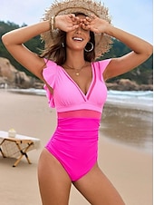 billiga One-piece-baddräkter-Dam Badkläder En bit Monokini Baddräkt Volang Nät Öppen rygg Magkontroll Hög midja Semester Standkläder Ensfärgat V-hals Ärmlös Baddräkter
