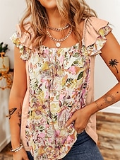 billige Tanks og camisole til kvinner-Dame Camisole Tank Top Blomstrete Stilfull Uformell Kort Erme Fyrkantet Hals Regulære Topper Daglig Rynkete Trykk Rosa Lilla Lys Grå Sommer