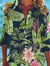 economico Abito hawaiano-Womens Mini Dress Camicia Vestito Camicie Hawaiane Fluttuante Blu Verde Animale Floreale Pocket Stampa Maniche Lunghe Vacanza Casual V Scollato Lunghe Estate Vestiti da Spiaggia