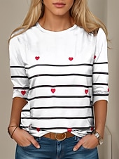 billige Stripe og geometrisk t-skjorte-Dame T-skjorte Crew Neck Langermet Tunika Hjerte Stripet Casual Regulære Topper Daglig Trykk Hvit Vår Høst