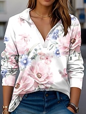 baratos Camiseta floral-Camiseta Feminina Rosa Moderna Manga Longa Decote V Golinha Tops Regulares Trabalho Estampada Preto Branco Amarelo Rosa Vermelho Verão Primavera Outono