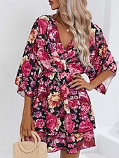 voordelige Casual bloemenjurken-Dames Mini-jurk Casual jurk A lijn jurk Stijlvol Casual Vakantie Dagelijks Normale pasvorm Bloemig 3/4 mouw V-hals Zwart Rood Zomer Lente
