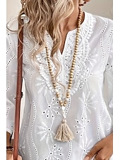 preiswerte Spitzenoberteile-Damen Elegante Weiße Spitzen Tops Ösen Bluse Lässig Einfarbig Reguläre Tops Langarm Eingekerbter Ausschnitt Ösen Reguläre Passform Täglich Weiß Romantische Petite Tops Sommer Urlaub Tragen