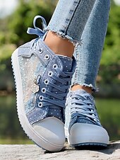 economico Sneakers da donna-sneakers alte in tela con lacci blu da donna con pannelli in rete ricamati, design a pois per abbigliamento casual e outdoor