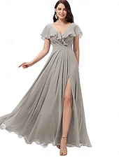 cheap Bridesmaid Dresses-A-Line Bridesmaid Dress V Neck Short Sleeve Elegant Floor Length Chiffon with Split Front 2022
